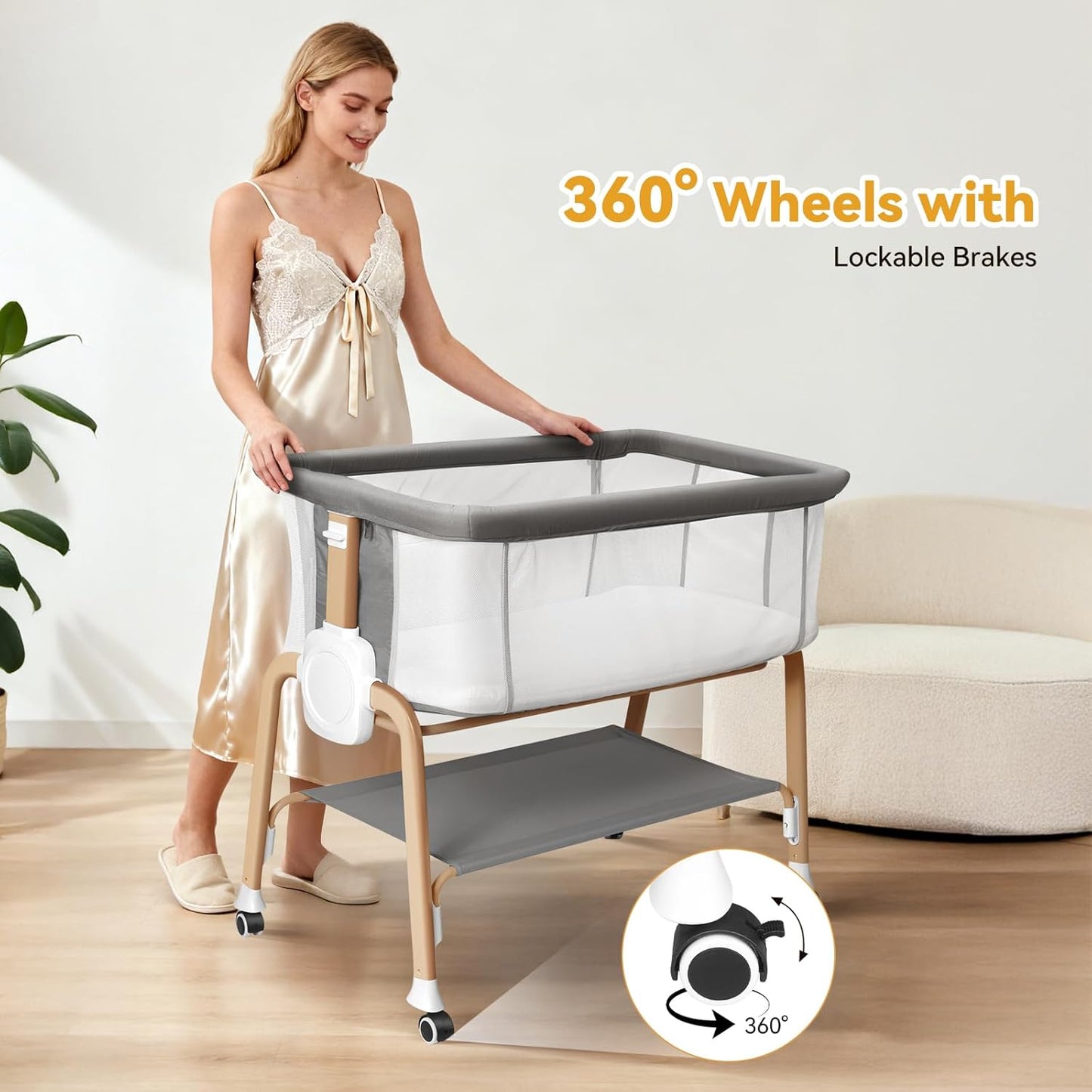 Bassinet Bedside Sleeper, Bedside Bassinet for Newborn, Baby Bassinet with 5 Adjustable Height, Rocking Bassinet with Wheels, Breathable Mesh & Mattress, Easy Folding Portable Bedside Crib（Dark Gray)