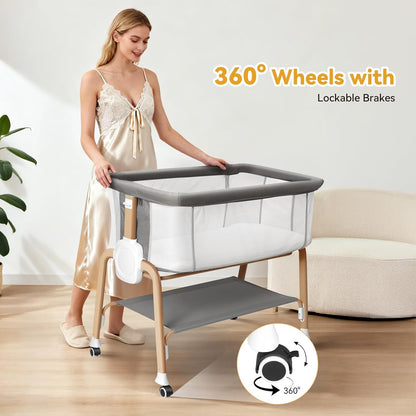 Bassinet Bedside Sleeper, Bedside Bassinet for Newborn, Baby Bassinet with 5 Adjustable Height, Rocking Bassinet with Wheels, Breathable Mesh & Mattress, Easy Folding Portable Bedside Crib（Dark Gray)