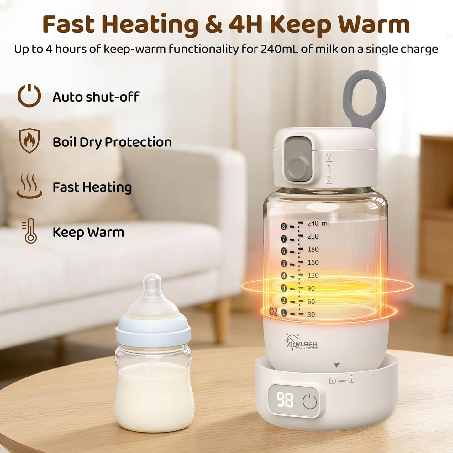 Portable Milk Bottle Warmer: Superfast Heating & Precise Temp Control for Retain Nutrients in Breastmilk & Formula - 8oz Cordless Water Heater with 5 Temp Modes & Split Design for Travel & Household