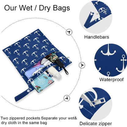 visesunny Kids Doodle Style Funny Whales And Colorful Fish 2Pcs Wet Bag with Zippered Pockets Washable Reusable Roomy for Travel,Beach,Pool,Daycare,Stroller,Diapers,Dirty Gym Clothes, Wet Swimsuits, T
