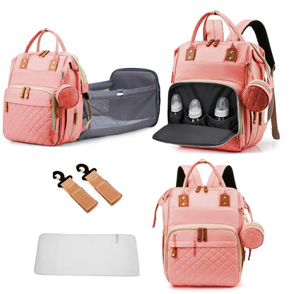 GurZinn Diaper Bag Backpack with Changing Station, Foldable for Bady Toddler, 3 in 1 Large Capacity Newborn Essentials Organizer with Stroller Hook for Girls and Boys（Pink）