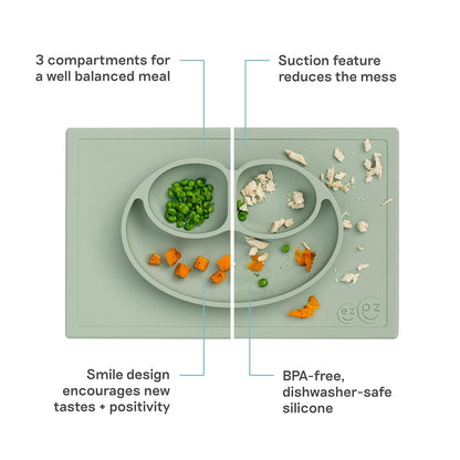 ezpz Mini Mat (Blush) - 6 -12 Months+ - 100% Silicone Suction Placemat + Divided Plate with Three Compartments - Supports Baby-Led Weaning - Designed for Highchair, Table, and Travel