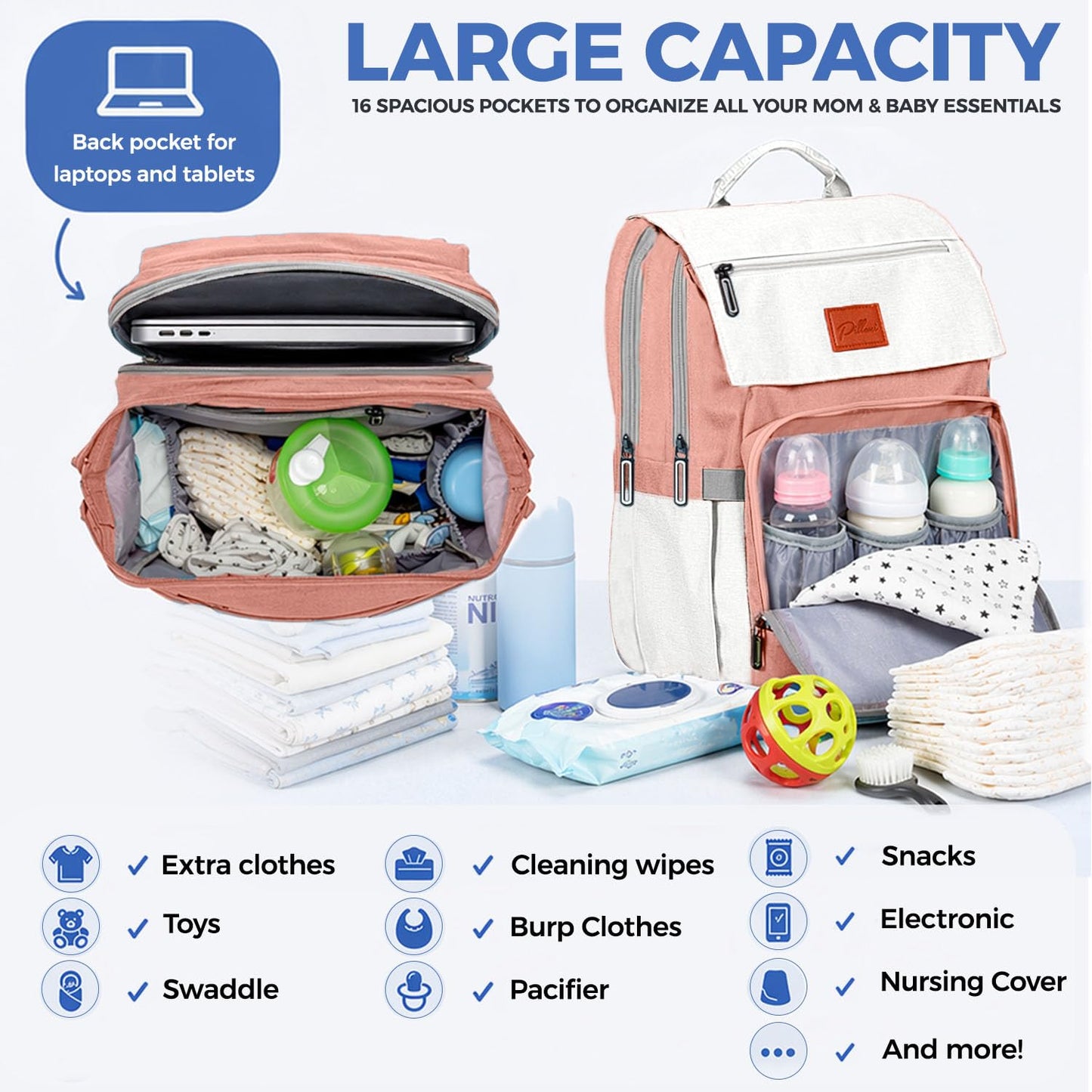 PILLANI Baby Diaper Bag Backpack - Large Waterproof Travel Diaper Bag for Boys & Girls, 16 Organizer Pockets with Changing Pad, Insulated Bottle Pockets & Stroller Straps, Baby Shower Gifts, Dinosaur
