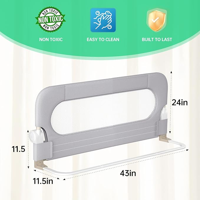 UPGOGO Folding Bed Rail for Toddlers,Baby Bed Rail Guard with Reinforced Anchor Safety System,Fit Bunk,Full Size,Queen,King,Twin(Grey,43"x23.6")