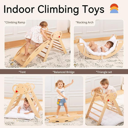 WINGYZ Pikler Triangle Set, Montessori Foldable 8-in-1 Jungle Gym with Reversible Animal Slide, Patent-Protected Climbing Set, Safe 2.35" Gap ASTM F963 Standards for Toddlers 18 Months-7 Years (Teak)