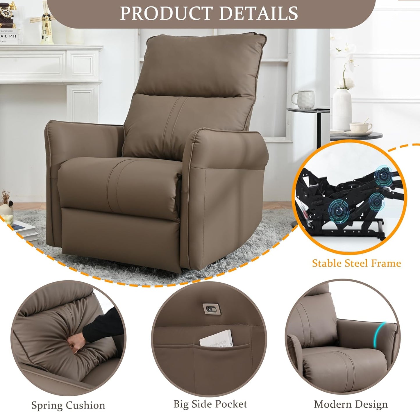 Power Swivel Rocker Recliner Chair for Nursery, Upholstered Snowflake Velvet 270°Swivel Glider Rocker Chair with USB Ports, Small Power Recliners for Small Spaces Living Room