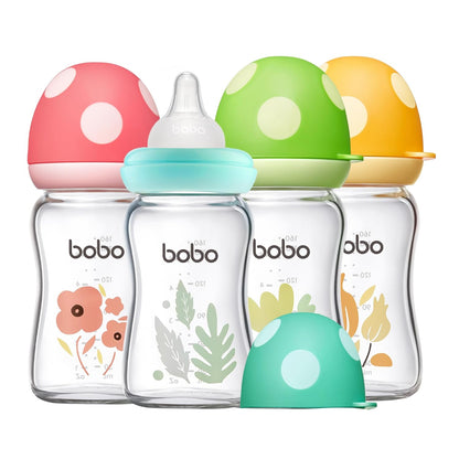 YOHKOH Natural Glass Baby Bottle with Level 1 Slow Flow Nipple, Newborn Anti-Colic Baby Bottles, Wide Neck Mushroom Baby Glass Bottle (Multicolour-A, 3.4oz (Pack of 4))