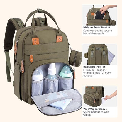 BabbleRoo Diaper Bag Backpack - Baby Essentials Travel Tote - Multi Function Water Resistant Diaper Bag, Travel Essentials Baby Bag with Changing Pad, Stroller Straps & Pacifier Case - Army Green