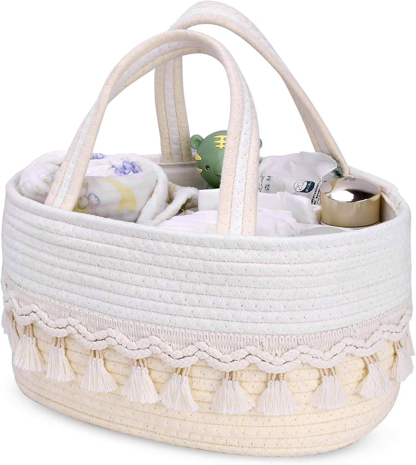 Diaper Caddy Organizer, Stylish Nursery Storage Basket, Baby Shower Basket with Tassel Decorative Appearance, Portable Storage Basket Suitable for Family and Car Travel (Grey)