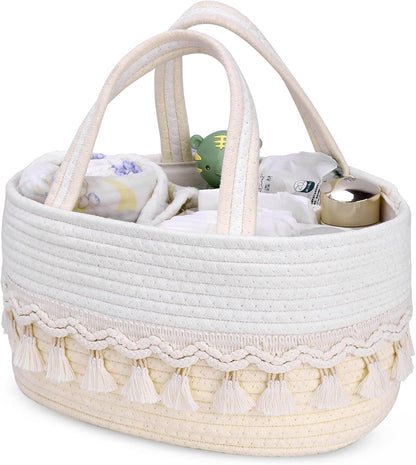Diaper Caddy Organizer, Stylish Nursery Storage Basket, Baby Shower Basket with Tassel Decorative Appearance, Portable Storage Basket Suitable for Family and Car Travel (Grey)