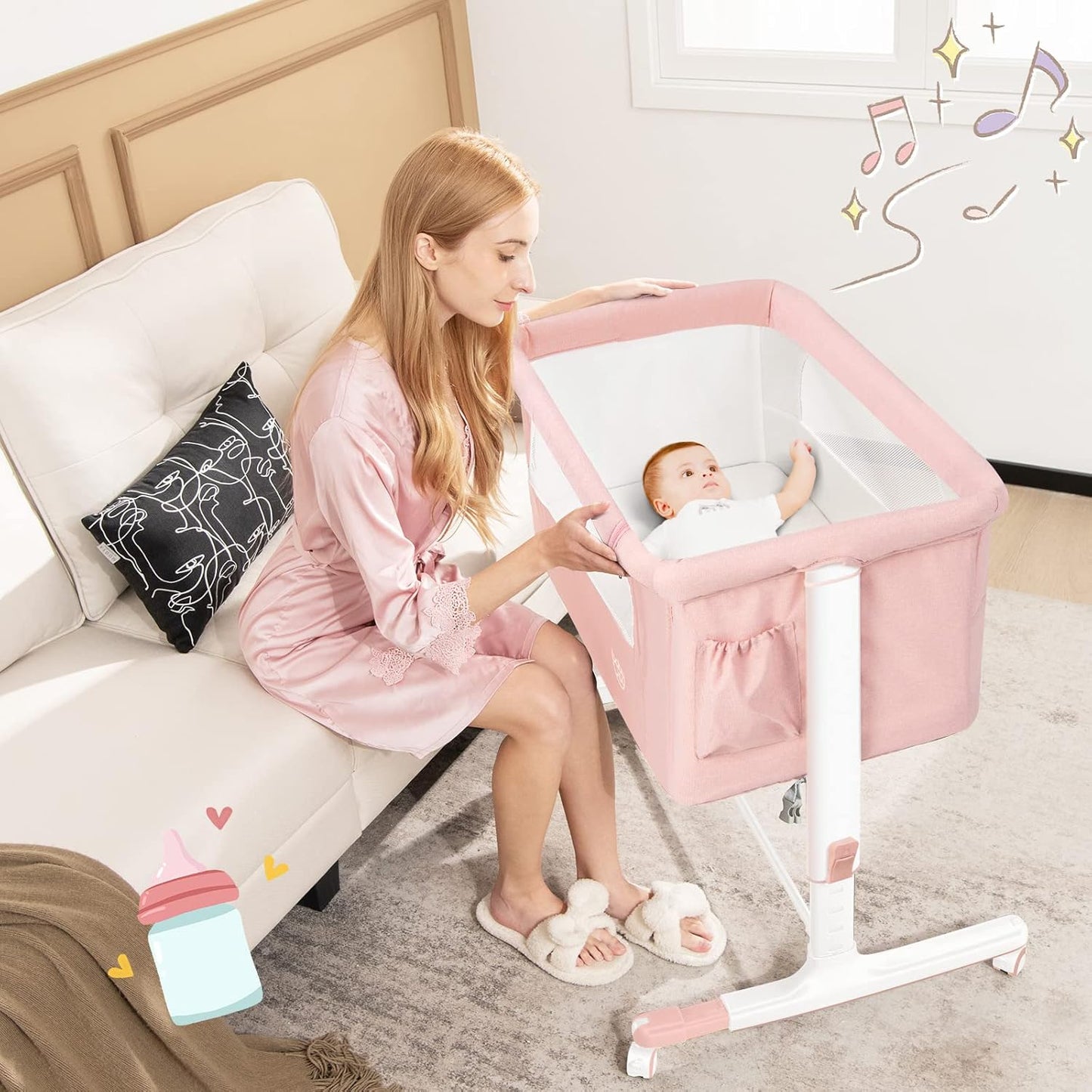 BABY JOY Bassinet Bedside Sleeper, 3 in 1 Folding Crib w/Adjustable Height, Mattress, Lockable Wheels, Storage Pocket & Carry Bag for Infant Newborn, Stationary & Rock, Portable Baby Bassinet (Grey)