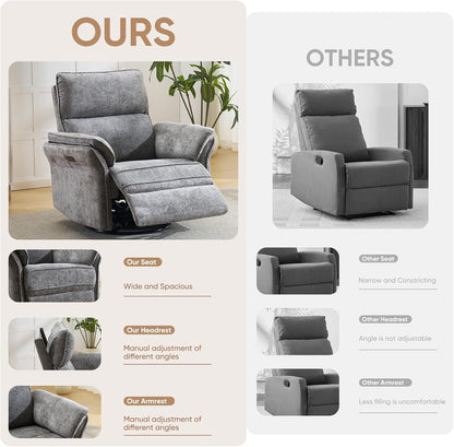 Oversized Glider Rocker Recliner, 26" Extra Wide 360° Swivel Nursery Recliner with Adjustable Headrest, Chenille Rocking Nursery Chair with Overstuffed Armrest, Lumbar Support, Light Grey
