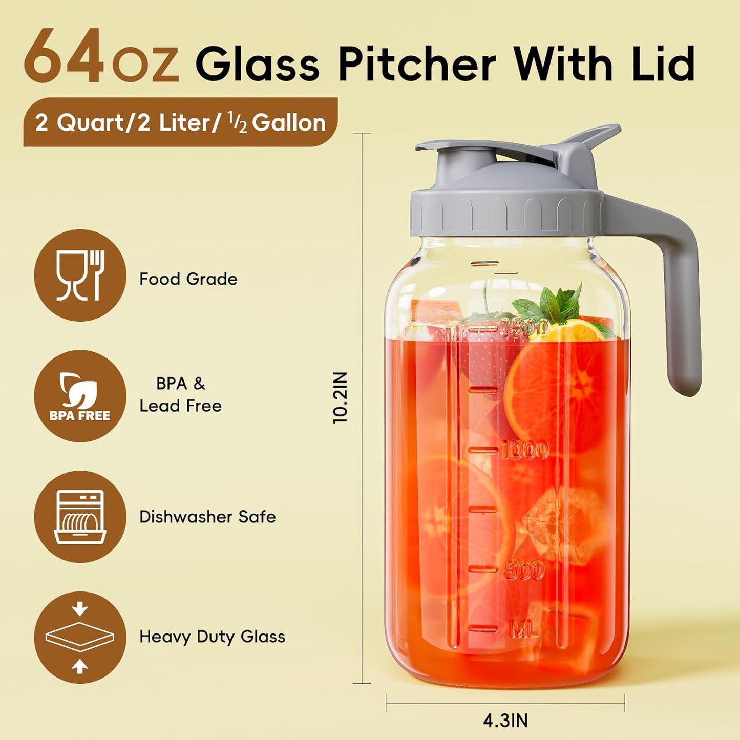 JunVpic Breast Milk Pitcher - 32 oz Glass Mason Jar with Dual Leak-Proof Design, Airtight Seal, Pour Spout & Handle, Storage Container for Breastmilk, Iced Tea & Ice Drinks（Gray）