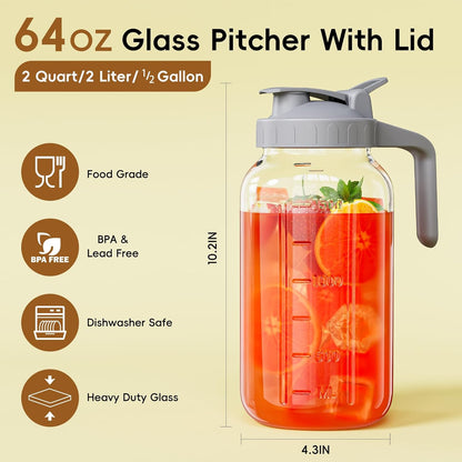 JunVpic Breast Milk Pitcher - 32 oz Glass Mason Jar with Dual Leak-Proof Design, Airtight Seal, Pour Spout & Handle, Storage Container for Breastmilk, Iced Tea & Ice Drinks（Gray）