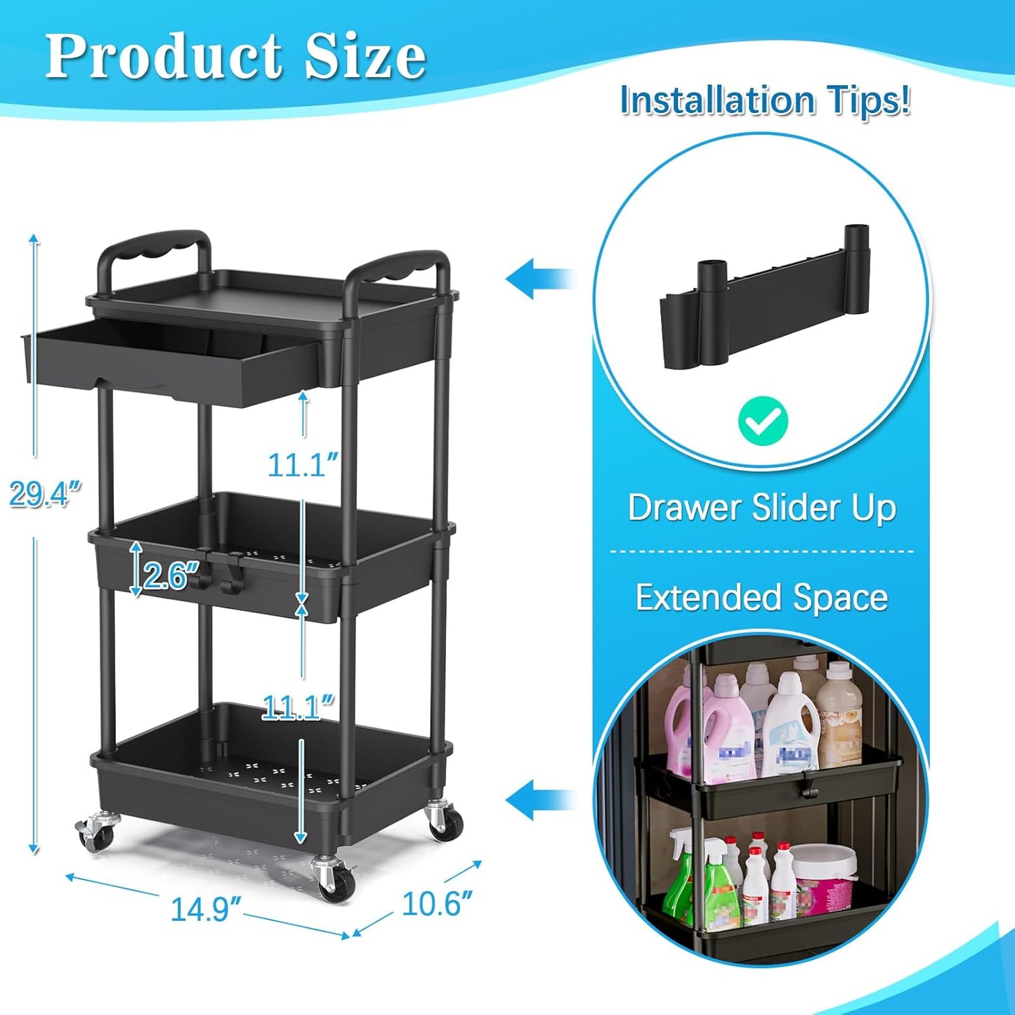SUNALLY 3 Tier Rolling Cart with Drawer, Bathroom Storage Organizer with 2 Lockable Wheels, Multifunctional Rolling Storage Cart for Bathroom, Kitchen, Office, Craft, Makeup, Baby Essentials, White