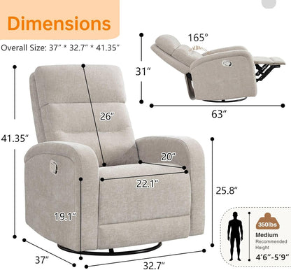 Power Swivel Rocker Recliner Chair for Nursery, Swivel Reclining Rocking Chairs, Electric Glider for Living Room, Upholstered Recliner Chairs for Bedroom, Corduroy White