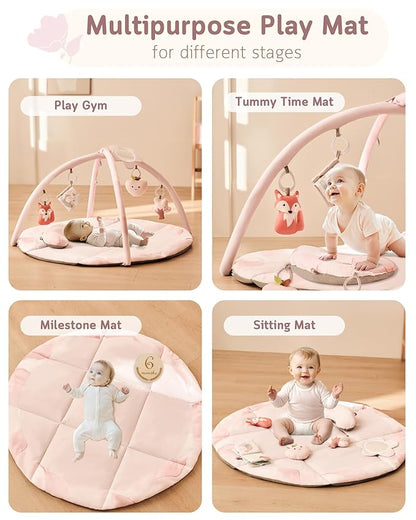 Fortella Baby Play Gym & Activity Mat, Machine Washable & Foldable Tummy Time Mat with 5 Detachable Toys, Certified Safe Newborn Essentials Gift for Baby Registry 0-12 Months (Rose Pink)