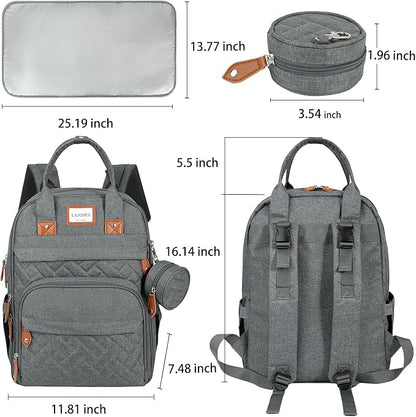 LANDICI Diaper Bag Backpack, Multifunction Baby Diaper Bags with Changing Pad, Stroller Straps & Pacifier Case, Travel Essentials Back Pack for Mom Dad Boy Girl, Large Capacity, Waterproof, Grey