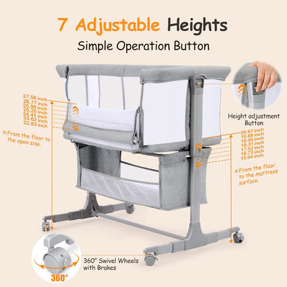Ezebaby Bedside Bassinet for Baby, Portable Baby Bassinet Bedside Sleeper for Newborn Infants with Wheels Storage Basket, Adjustable 7 Heights and All Mesh Sides