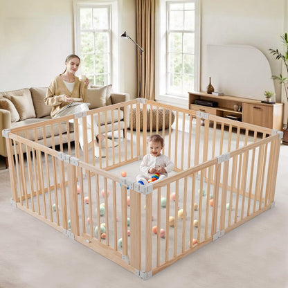 Foldable Wooden Playpen-51x51x25in-Large Baby Gate Playpen with Child-Proof Lock-Easy Assembly, Portable Design for Babies & Toddlers- Shape& Size Adjustable Baby Fence Play Area (Wood, 6 Panel)