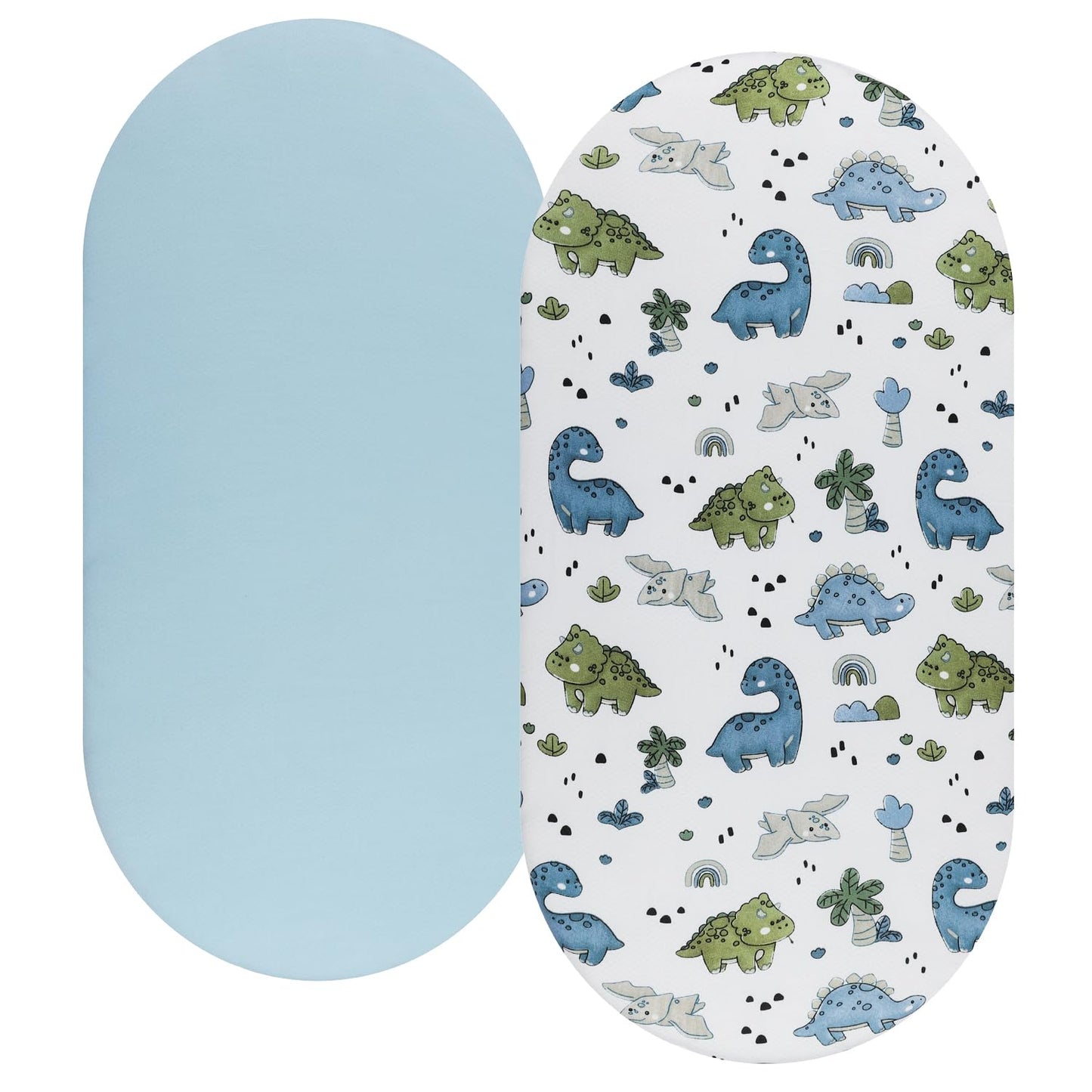 Bassinet Sheet Set 2 Pack Snug Fitted Bedside Sleeper Bassinet Sheets, Stretchy Ultra Soft, Unisex Boy Girl, Light Blue & Dinosaur