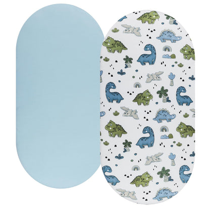 Bassinet Sheet Set 2 Pack Snug Fitted Bedside Sleeper Bassinet Sheets, Stretchy Ultra Soft, Unisex Boy Girl, Light Blue & Dinosaur