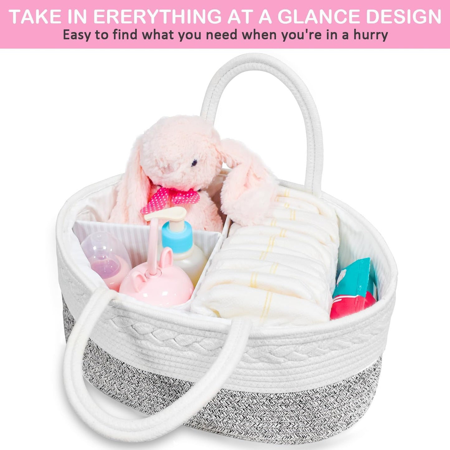 ABenkle Baby Diaper Caddy, Nursery Storage Bin and Car Organizer for Diapers and Baby Wipes, Cotton Rope Diaper Basket Caddy, Changing Table Diaper Storage Caddy