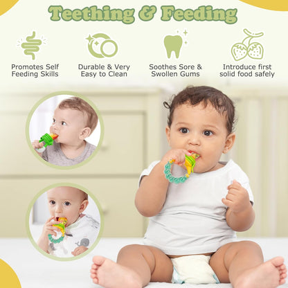 WAJIAYON Baby Fruit Feeder Pacifier - 12 Pack | 2 Infant Food Feeder Pacifier & 1 Babies Food Dispensing Spoon | Fresh Fruit Teethers for Babies | Silicone Feeder Baby,Infant Teething Feeders(Green)