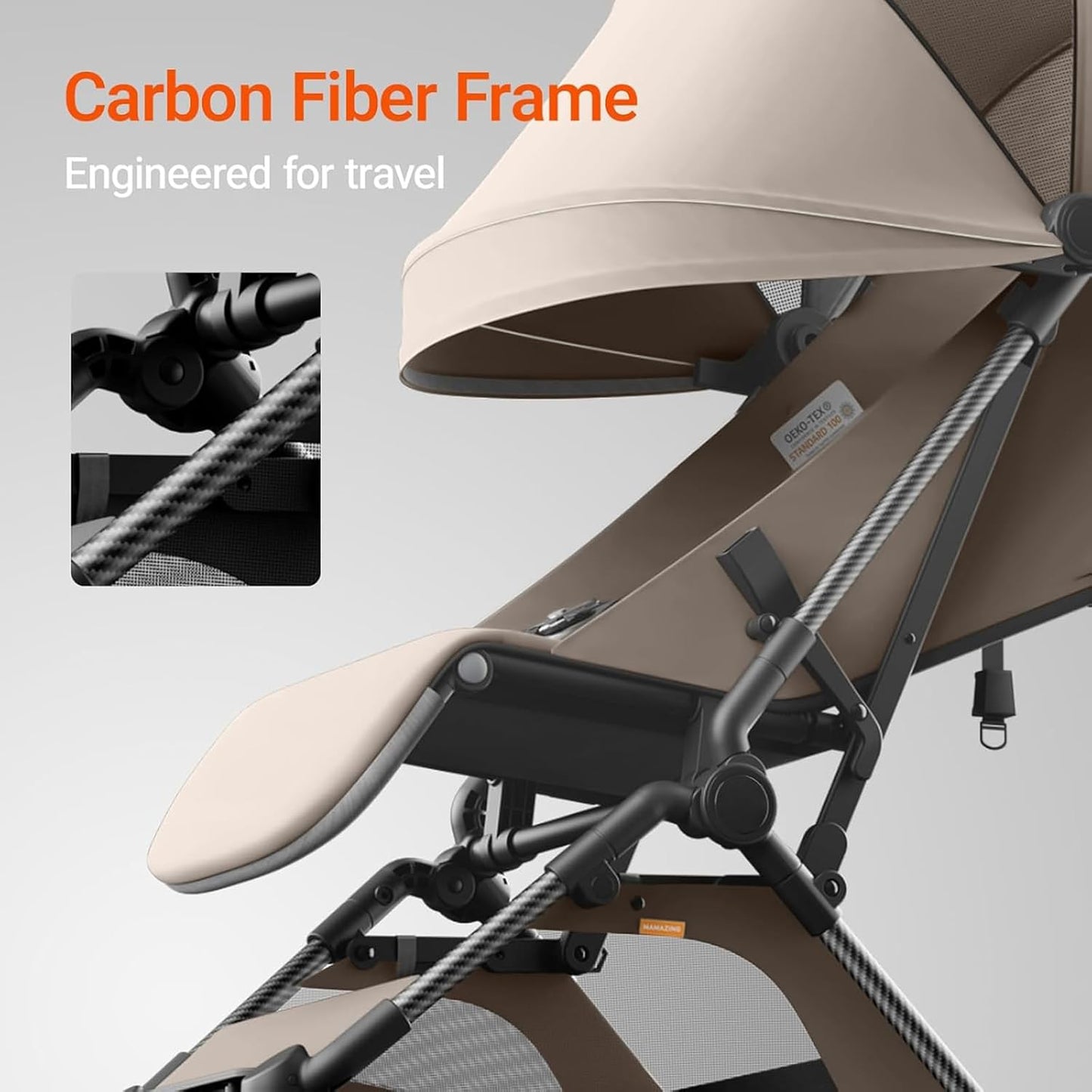 MAMAZING Ultra Air Lightweight Baby Travel Stroller with Carbon Fiber Frame, Compact & Airplane-Friendly, One-Handed Fold, 11.6 lbs, Perfect for Toddlers, Grey