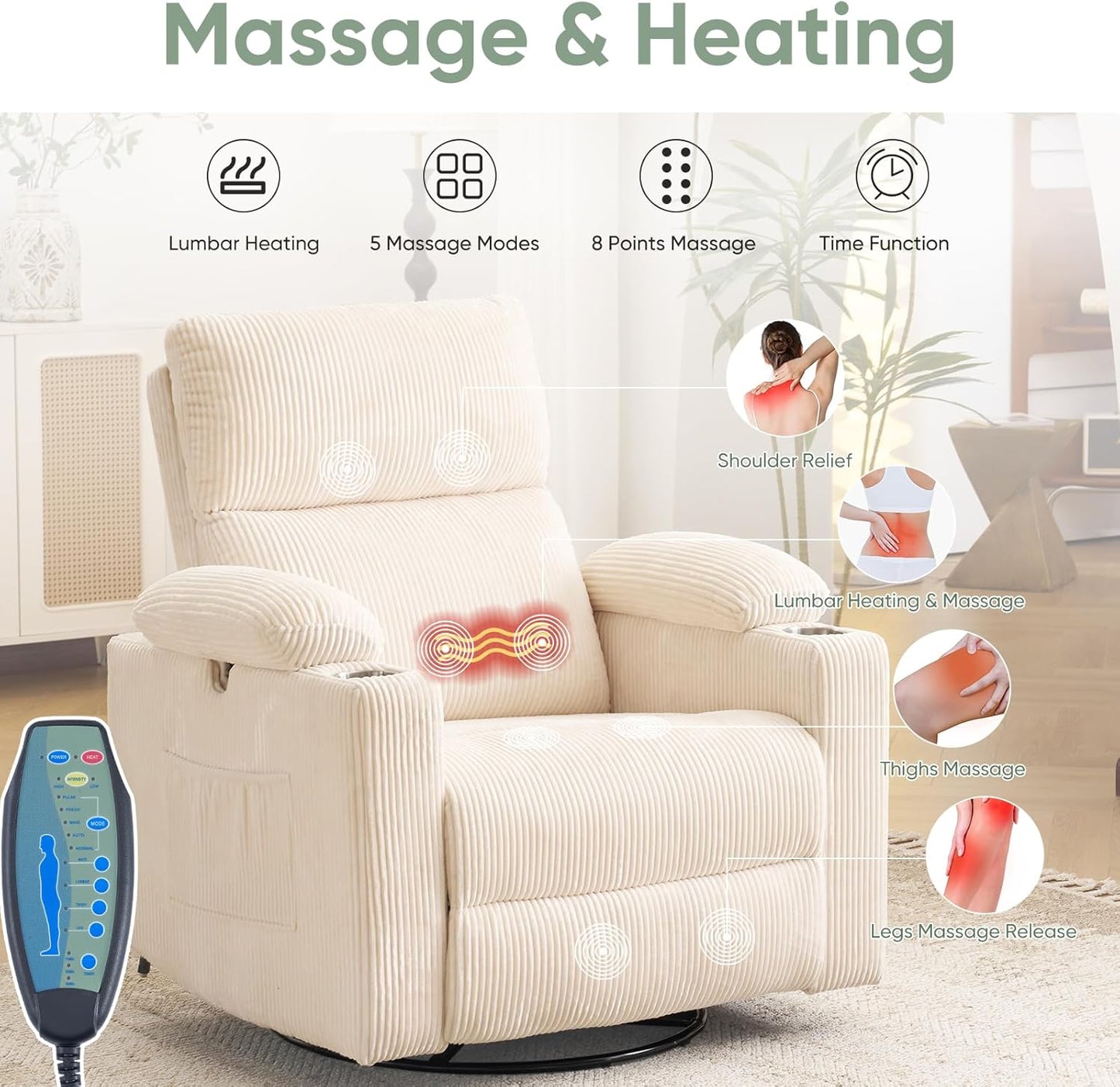 Rocking Chair Nursery with Adjustable Armrest for Breastfeeding, Glider Recliner Nursery Chair with Massage and Heat, Power Swivel Rocker Recliner with Adjustable Headrest, Corduroy, Beige