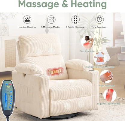 Rocking Chair Nursery with Adjustable Armrest for Breastfeeding, Glider Recliner Nursery Chair with Massage and Heat, Power Swivel Rocker Recliner with Adjustable Headrest, Corduroy, Beige