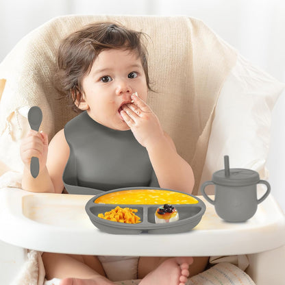 100% Silicone Baby Feeding Set, BPA Free Baby Dishes with Suction Bowl, Divided Plate, Toddler Self Feeding Dish Set with Spoons, Forks, Sippy Cup and Bib, Baby Eating Utensils (Navy Blue)