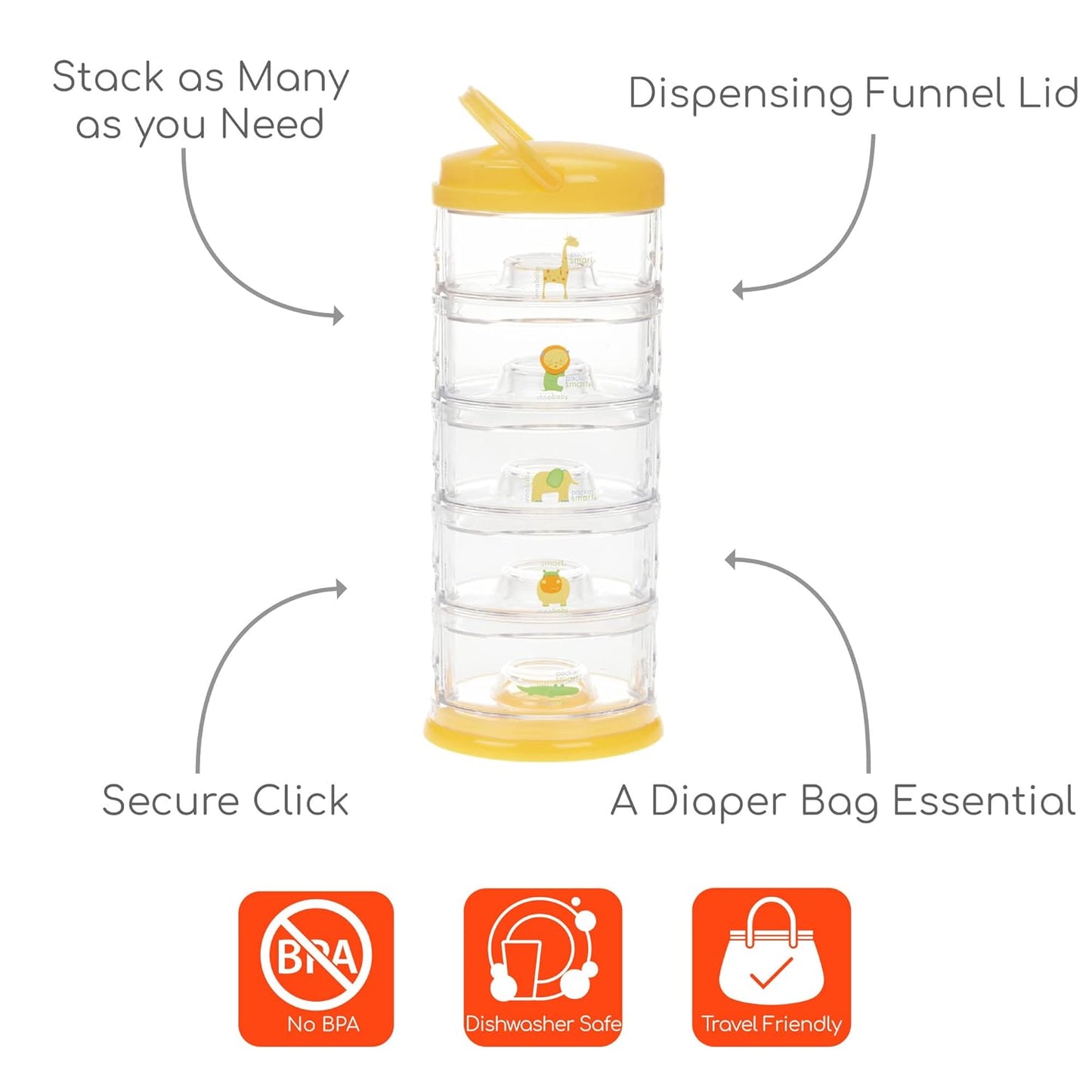 Innobaby Packin' Smart Stackable and Portable Storage System for Formula, Baby Snacks and More. Set of 5 Stackable Containers in Strawberry Sorbet. BPA Free.