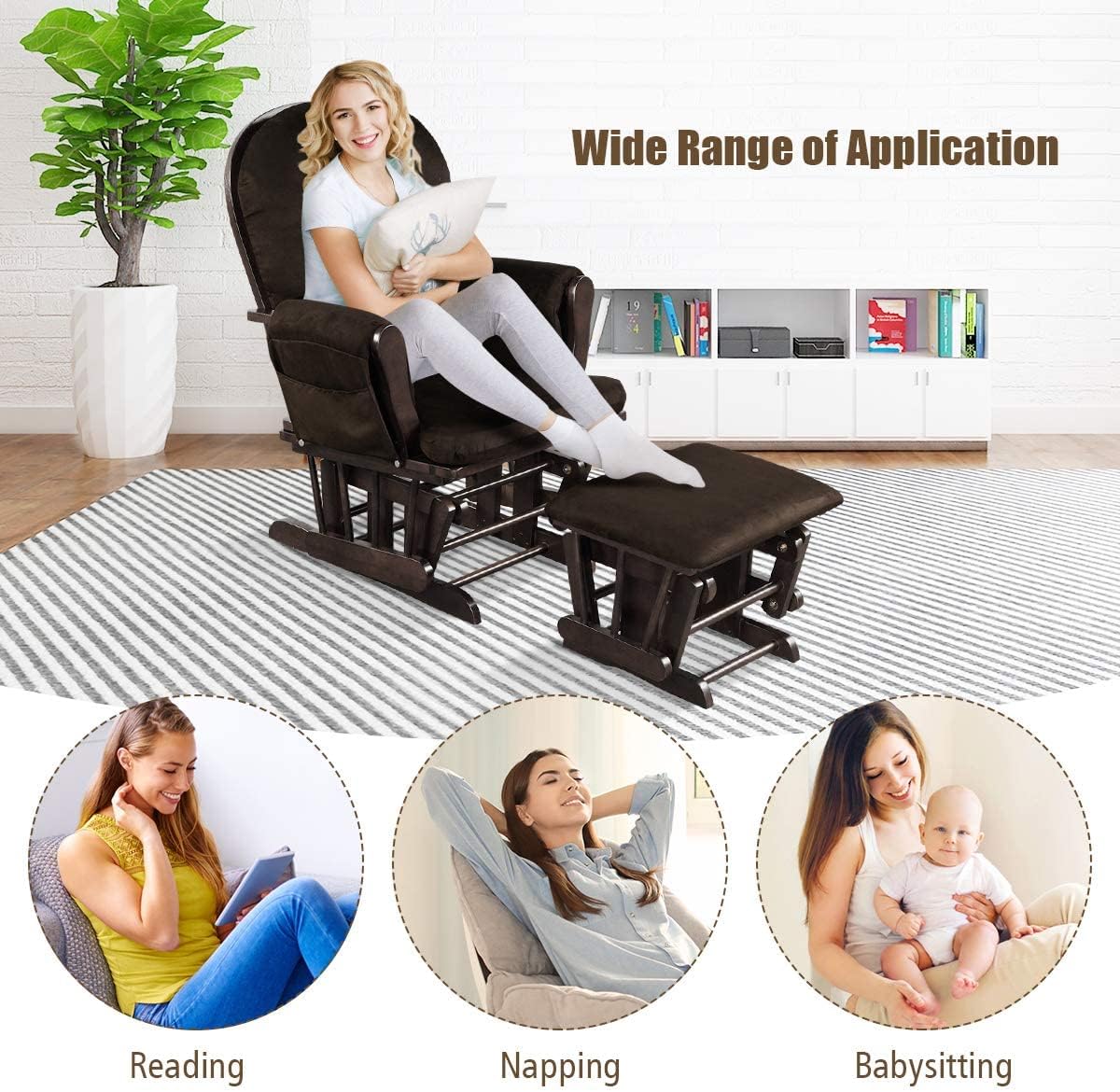Costzon Nursery Glider with Ottoman, Upholstered Comfort Glider Rocker with Padded Cushion, Storage Pocket, Solid Wood Base, Rocking Chair Nursery for Breastfeeding, Napping (Light Gray)