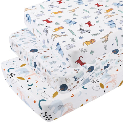 Onacosht Pack and Play Sheets 3 Pack for Baby Boy, Stretchy Jersey Knitted Portable Mini Crib Sheets Playard Mattress Cover, Woodland Animal Elephant Fox Lion Bear Giraffe Zebra Printing
