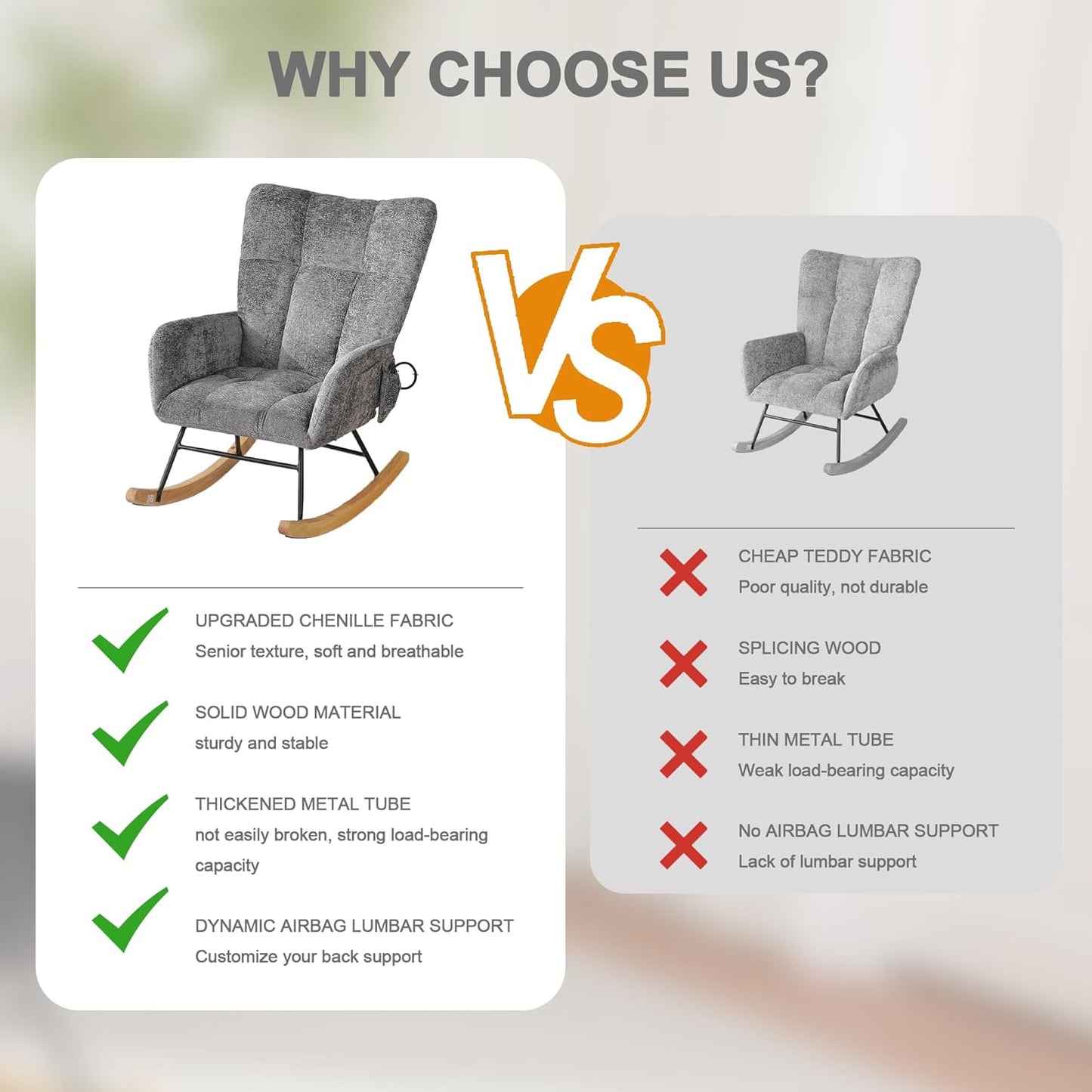 Rocking Chair Nursery with Airbag, Comfy Modern Nursery Rocking Reading Chair indoor with Footrest, Cozy Upholstered Glider Rocker Chairs for Living Room Bedroom Offices(Chenille, Dark Grey)