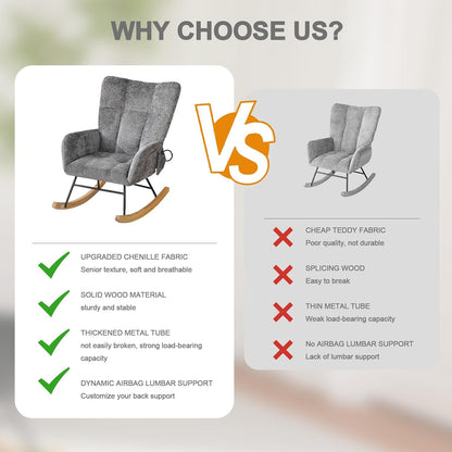 Rocking Chair Nursery with Airbag, Comfy Modern Nursery Rocking Reading Chair indoor with Footrest, Cozy Upholstered Glider Rocker Chairs for Living Room Bedroom Offices(Chenille, Dark Grey)