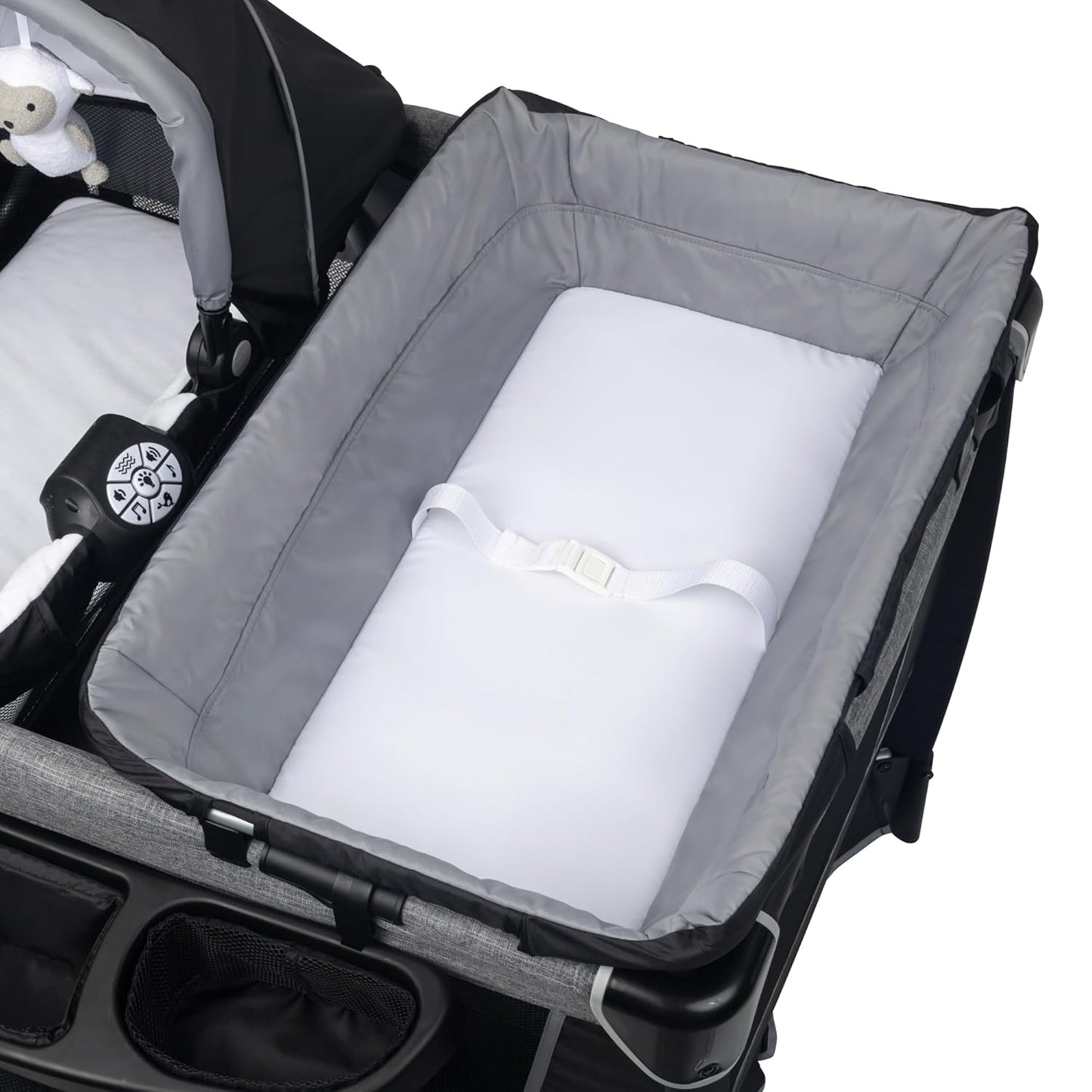 Baby Trend Retreat Nursery Center with Two Removable Rock A Bye Bassinets, Changing Table, Organizer, and Music Center with Nightlight, Quarry