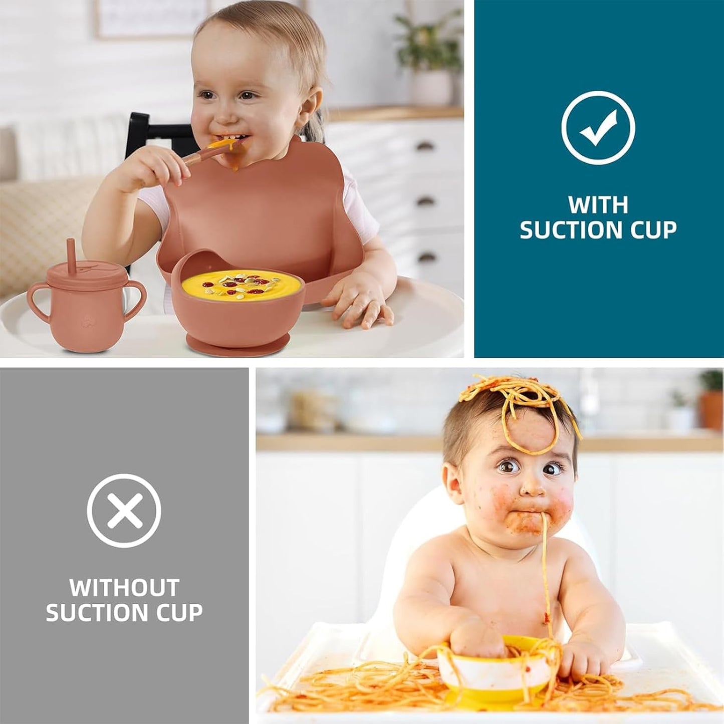 100% Silicone Baby Feeding Set, BPA Free Baby Dishes with Suction Bowl, Divided Plate, Toddler Self Feeding Dish Set with Spoons, Forks, Sippy Cup and Bib, Baby Eating Utensils (Navy Blue)