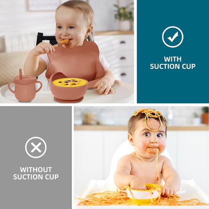 100% Silicone Baby Feeding Set, BPA Free Baby Dishes with Suction Bowl, Divided Plate, Toddler Self Feeding Dish Set with Spoons, Forks, Sippy Cup and Bib, Baby Eating Utensils (Navy Blue)