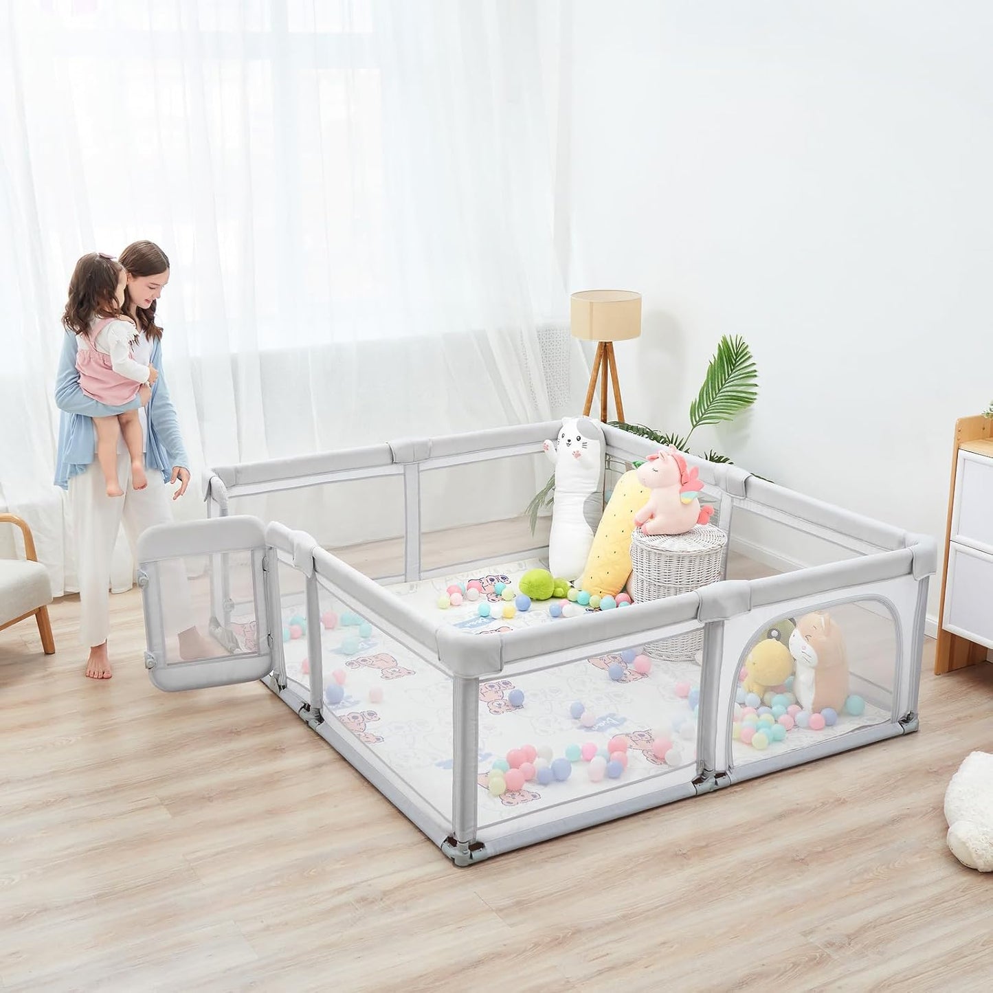 Sweeby Foldable Baby Playpen, Baby Gate Playpens for Babies and Toddlers 79x71 Extra Large Play Yard with Door Fence with Mat and Indoor Play Pen,Light Grey