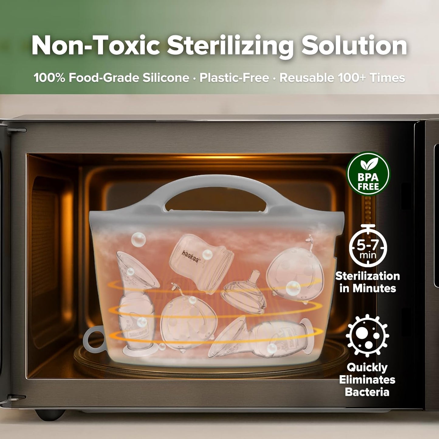 Haakaa On-The-Go Silicone Microwave Steam Sterilizer Bags for Travel, 40oz/1250ml Reusable Silicone Steaming Bags for Baby Bottles, Breast Pump, Accessories, Pacifiers, Teethers,Grey/1PC