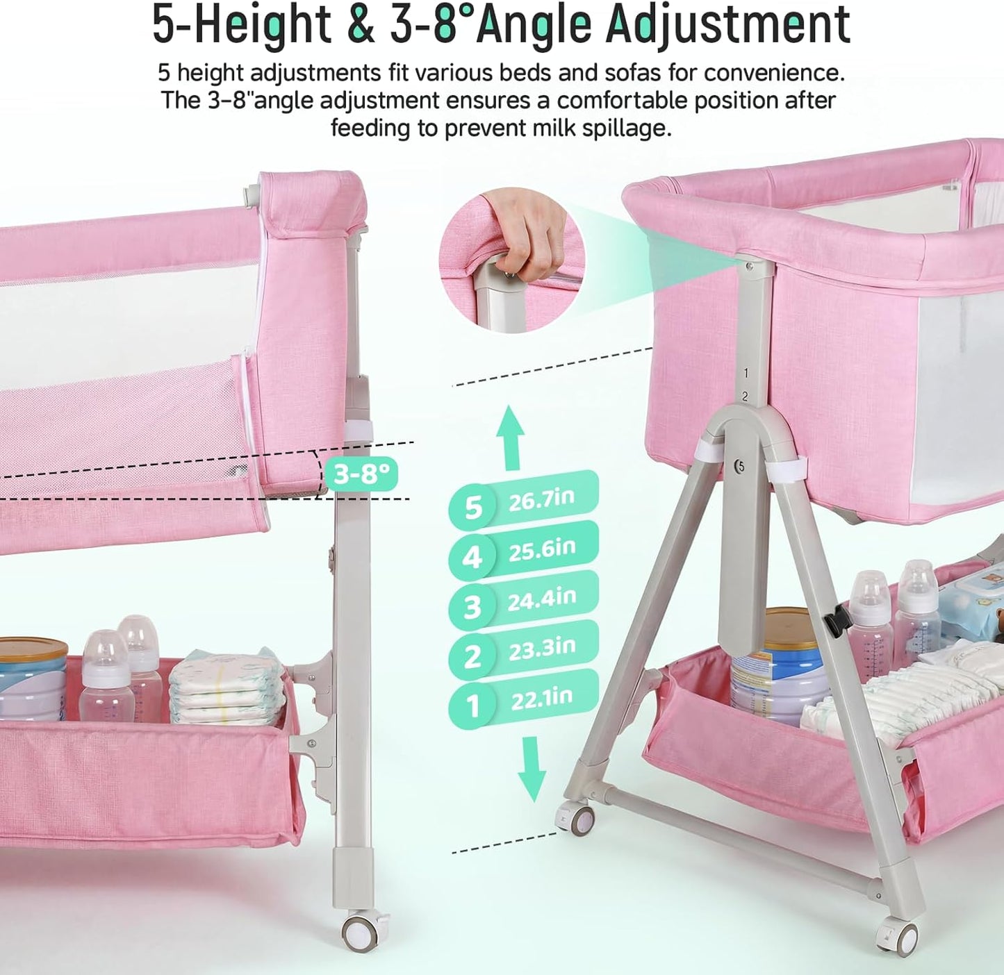 Cowiewie Bassinet Bedside Sleeper,3-in-1 Baby Bassinet with Mattress & Wheels,Easy Folding Portable Bedside Bassinet for Baby with Storage & Travel Bag,Breathable Mesh,Stable & Secure,Beige