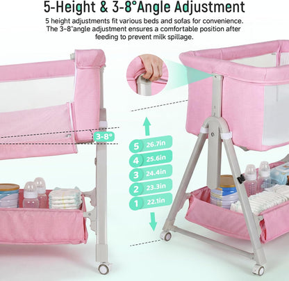 Cowiewie Bassinet Bedside Sleeper,3-in-1 Baby Bassinet with Mattress & Wheels,Easy Folding Portable Bedside Bassinet for Baby with Storage & Travel Bag,Breathable Mesh,Stable & Secure,Beige