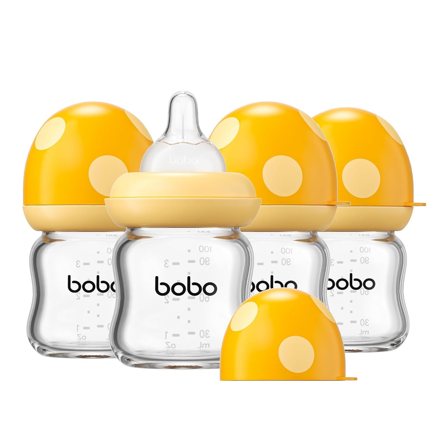 YOHKOH Natural Glass Baby Bottle with Level 1 Slow Flow Nipple, Newborn Anti-Colic Baby Bottles, Wide Neck Mushroom Baby Glass Bottle (Multicolour-A, 3.4oz (Pack of 4))