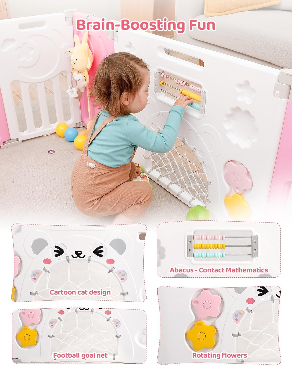 Baby Playpen, Dripex Baby Playard for Babies and Toddlers, 14-Panel Foldable Playpen Adjustable Portable Play Area, Indoor/Outdoor Kids Active Center with Game Panel & Safety Gate, Grey White