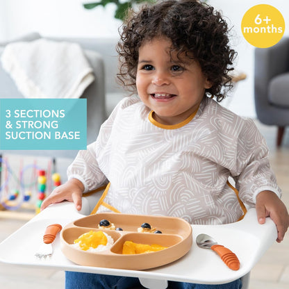Bumkins Toddler and Baby Suction Plate, Divided Grip Dish for Babies and Kids, Baby Led Weaning, Feeding Supplies, Sticks to Tables and Highchairs, Platinum Silicone, for Chidren 6 Months, Gray