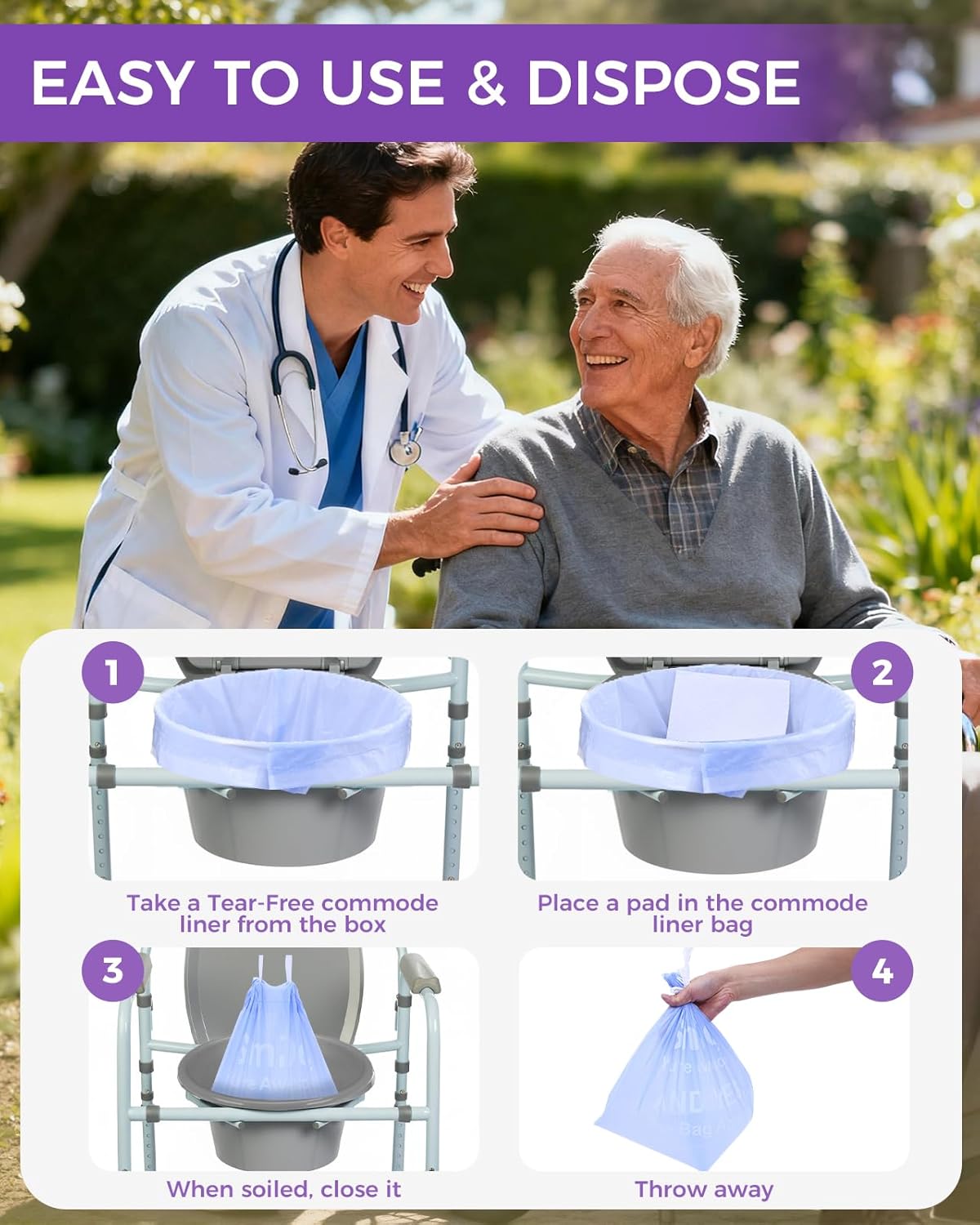 30 Pcs Bedside Commode Liners with Absorbent Pads, Tear-Free Leak-Proof Lavender Scented Commode Liners and Pads, Odor-Free Portable Toilet Liners & Potty Chair Bags for Disposable Adult, Bedpan