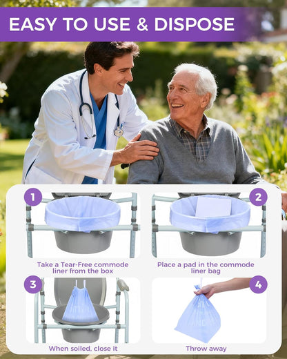 30 Pcs Bedside Commode Liners with Absorbent Pads, Tear-Free Leak-Proof Lavender Scented Commode Liners and Pads, Odor-Free Portable Toilet Liners & Potty Chair Bags for Disposable Adult, Bedpan