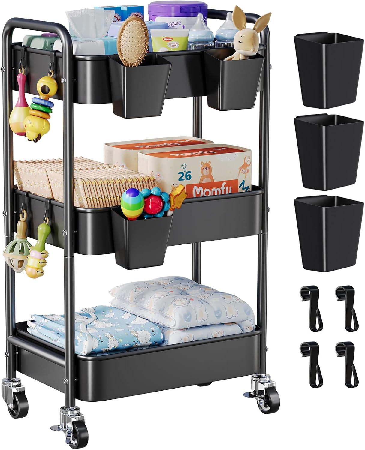 3 Tier Rolling Cart Metal with Lockable Wheels, Pink Three Tiered Diaper Caddy Cart Organizer on Wheels, Storage Utility Trolley Carts for Craft, Art, Nail, Lash, Baby Supplies, Cleaning, Mesh